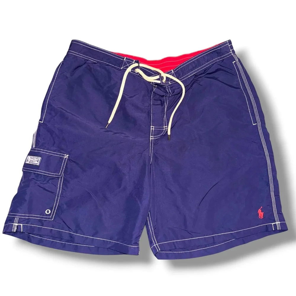 Polo Ralph Lauren‎ Swim Trunks Men XL Navy Blue Cargo Pocket Contrast Stitching